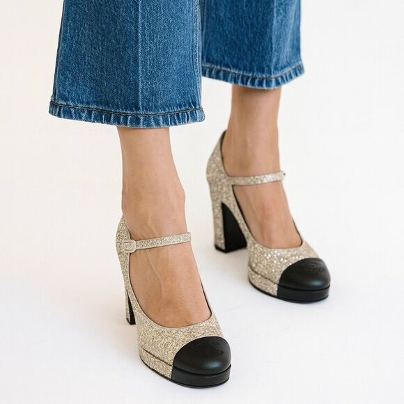 CHANEL 2023 Light Gold Glitter Black Mary Jane Heels 36 Cap Toe CC Logo Platform - Picture 2 of 16
